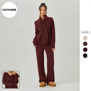KatchMe Women's Slouchy Solid Color V-Neck Long Sleeve Sweater with Scarf & Wide Leg Trousers Co-ord, Cozy Fall & Winter Outfits, Ladies' Knit Clothing