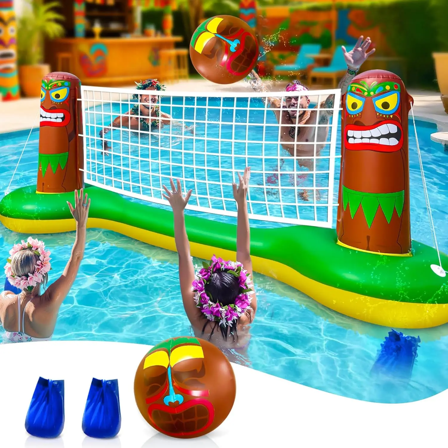 TURNMEON Inflatable Luau Tiki Pool Volleyball Net Pool Game, 105x28x35 Inches Thick Plastic Floating Water Toy Set with Beach Ball, 2 Repair Patches, 2 Tie-Down Ropes for Adults’ Tropical Hawaiian Summer Party Supplies, Tiki Faces, Includes Balls