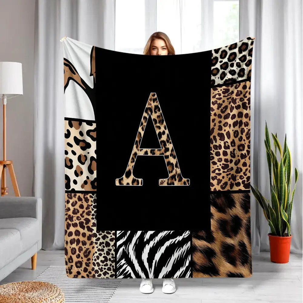 Leopard Letter A-Z Throw Blanket Black Brown African Wildlife for Women Men Adults Cheetah Zebra Skin Print Bed Blanket Living Room Couch