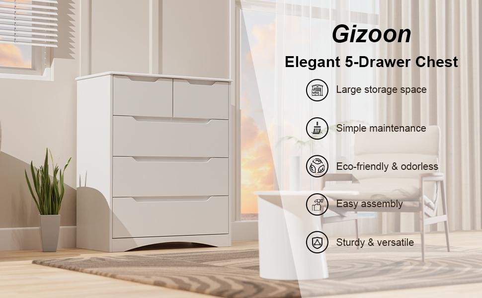Gizoon 5 Drawers Chest White Dresser for Bedroom with Large Storage Capacity Chest of Drawers with Embedded Handle Deep-Drawer Dresser for Closet with Anti-Tip Kit for Hallway Office Living Room Girl Apartment Furniture Space-Saving Gizoon 5 Drawers Chest White Dresser for Bedroom with Large Storage Capacity Chest of Drawers with Embedded Handle Deep-Drawer Dresser for Closet with Anti-Tip Kit for Hallway Office Living Room Girl Apartment Furniture Space-Saving