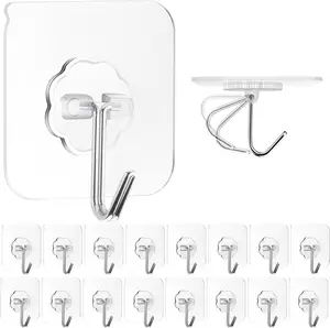 16 Pack Clear Adhesive Wall Hooks, Heavy Duty Self Adhesive Hooks for Bathroom Kitchen Towel Key Coat Hanging, Waterproof and Removable