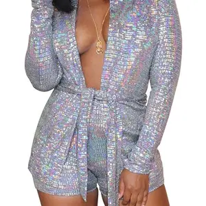 Adogirl Sequin Blazer Suits Club 2 Piece Outfits Sexy Long Sleeve Glitter Blazer Jackets + Shorts Set for Birthday Party Prom Jumpsuit Clubwear Silver