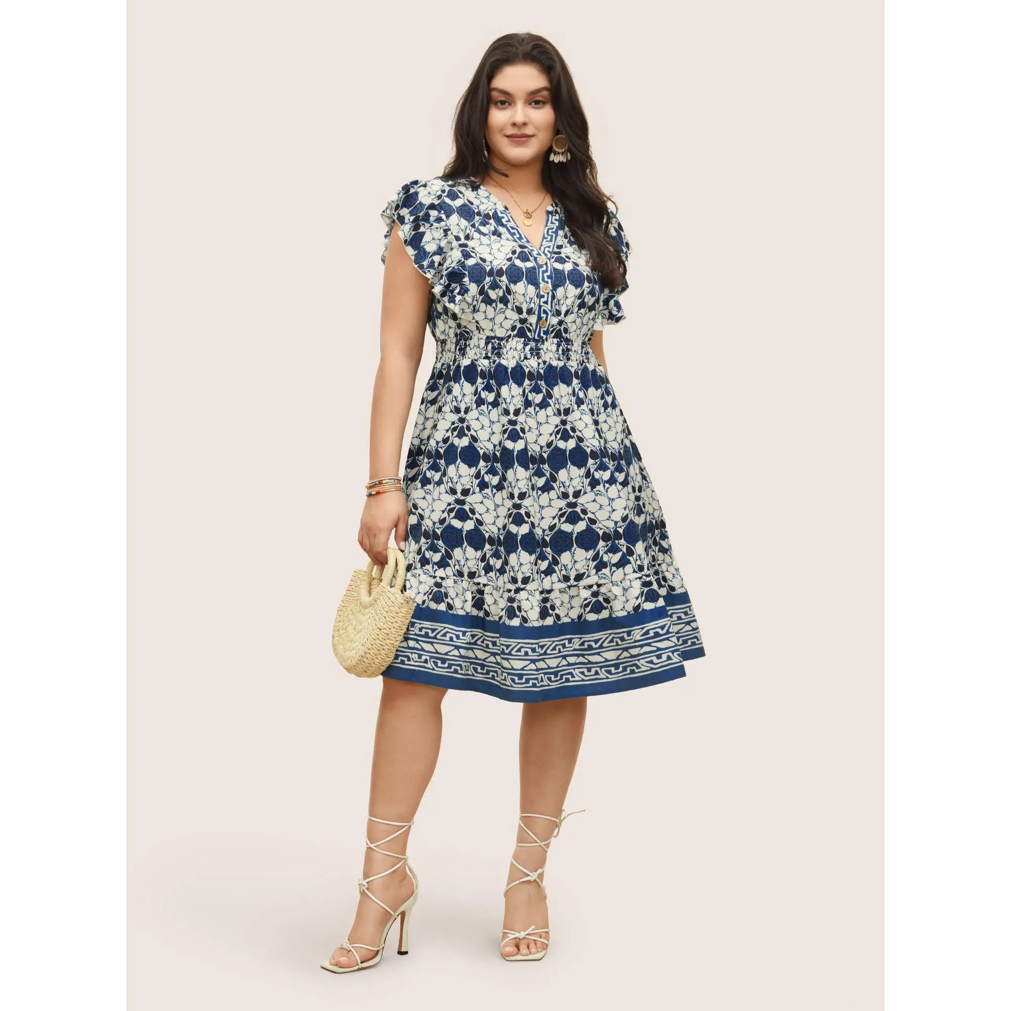 Women's Boho Midi Dress with Print, Ruffle Cap Sleeves, Notched Collar, and Pockets - Low Iron Spandex Blend, Garment, Casual, Fabric