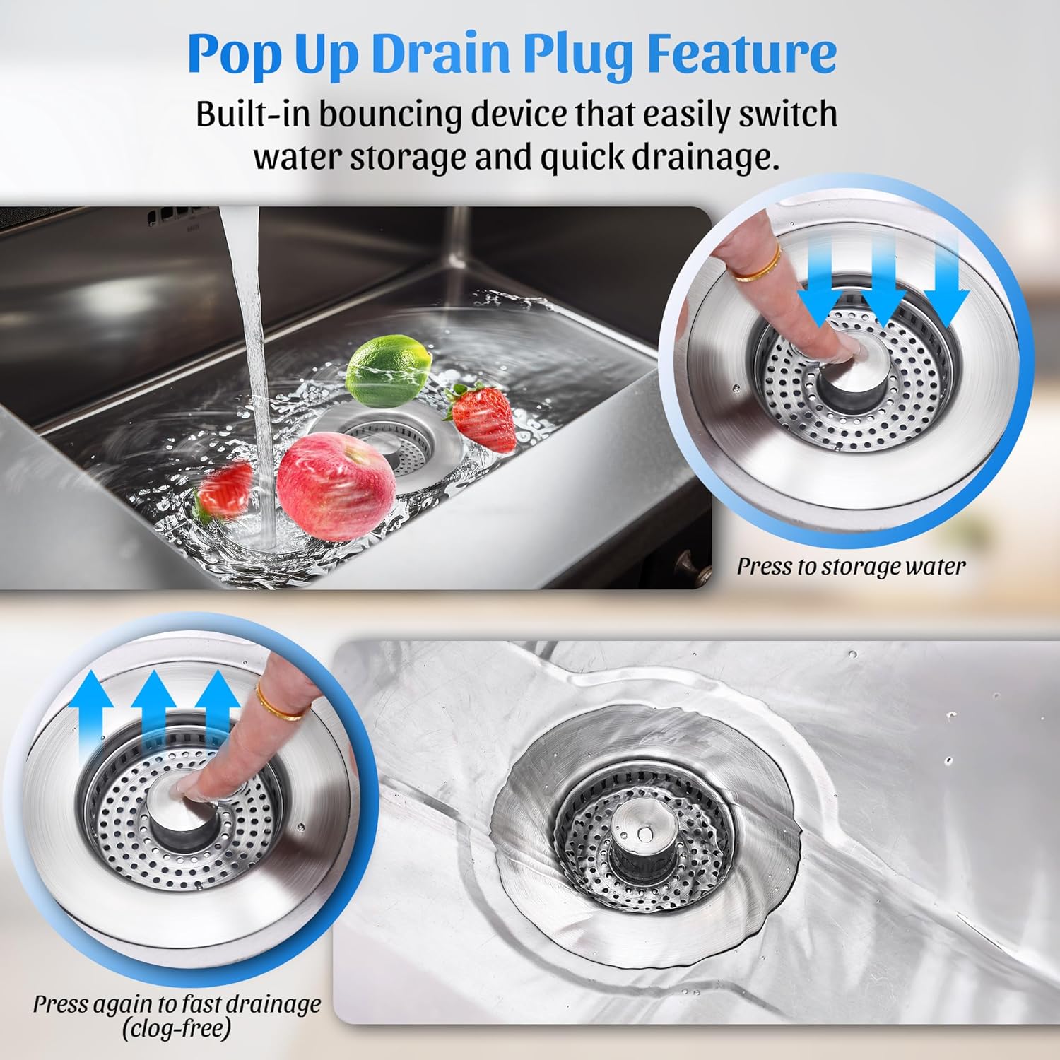 3 in 1 Kitchen Sink Drain Strainer, 304 Stainless Steel Pop Up Sink Stopper, Anti-Clogging Basket Odor Filter Sink Drain Cover Plug for US Standard Kitchen Drain
