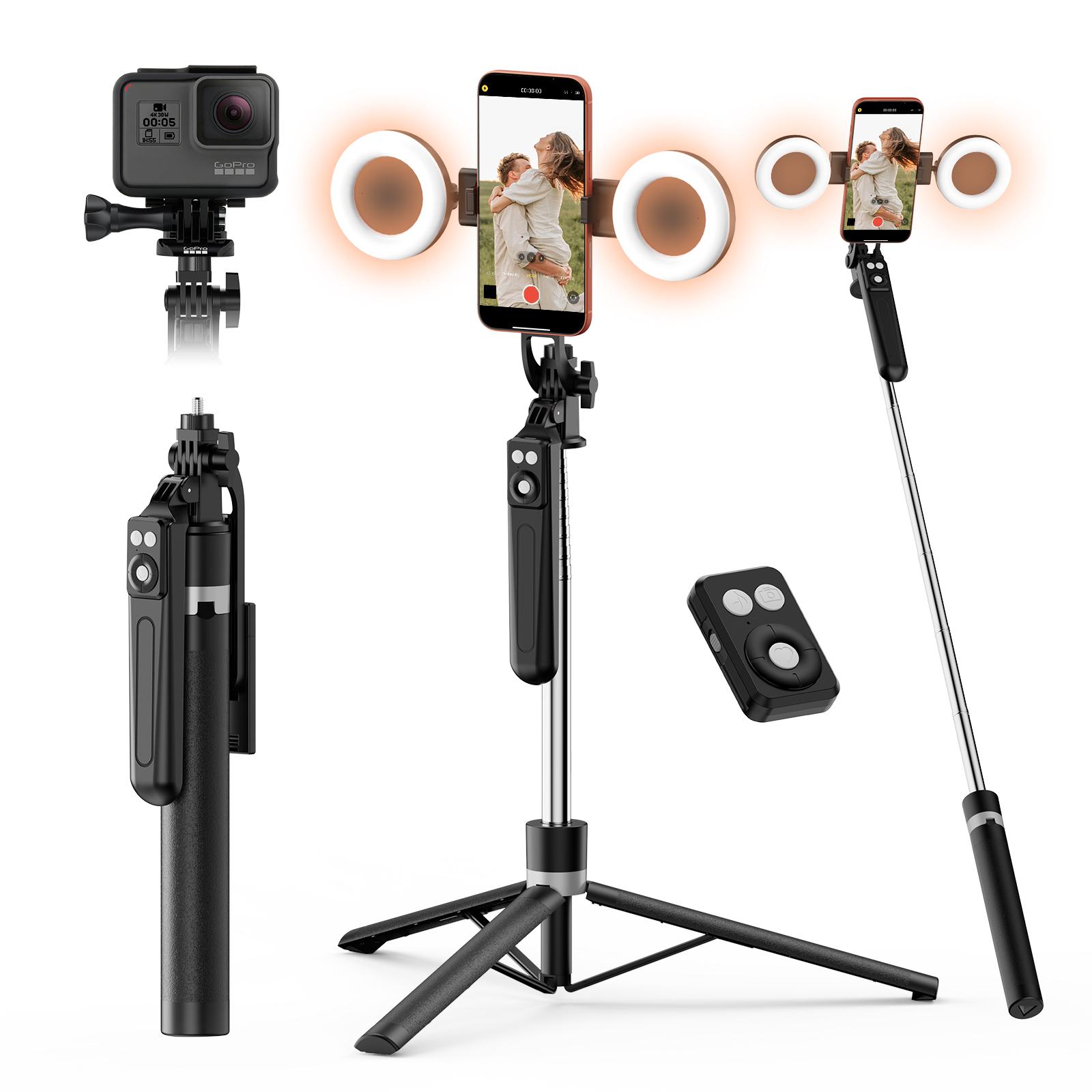 360° Rotatable & Extendable Phone Tripod with Dual Fill Lights & Bluetooth Remote - Portable Selfie Stick for Vlogging, Live Streaming, and Outdoor Travel, Compatible with iPhone 17 16 15 14 13 Android Smartphones