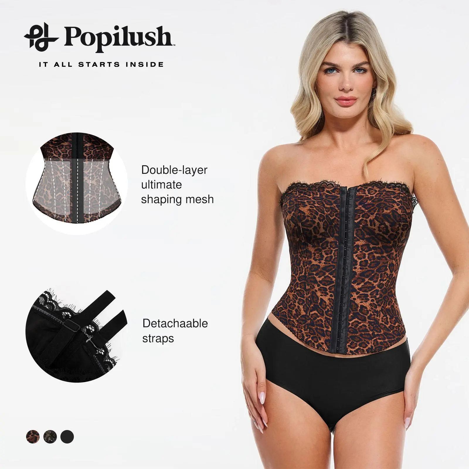 【Runs Small】Popilush Leopard Print Corset Top Women Detachable Strap Lace Up Bustier Sculpting Shapewear Tank Top Party Club Streetwear