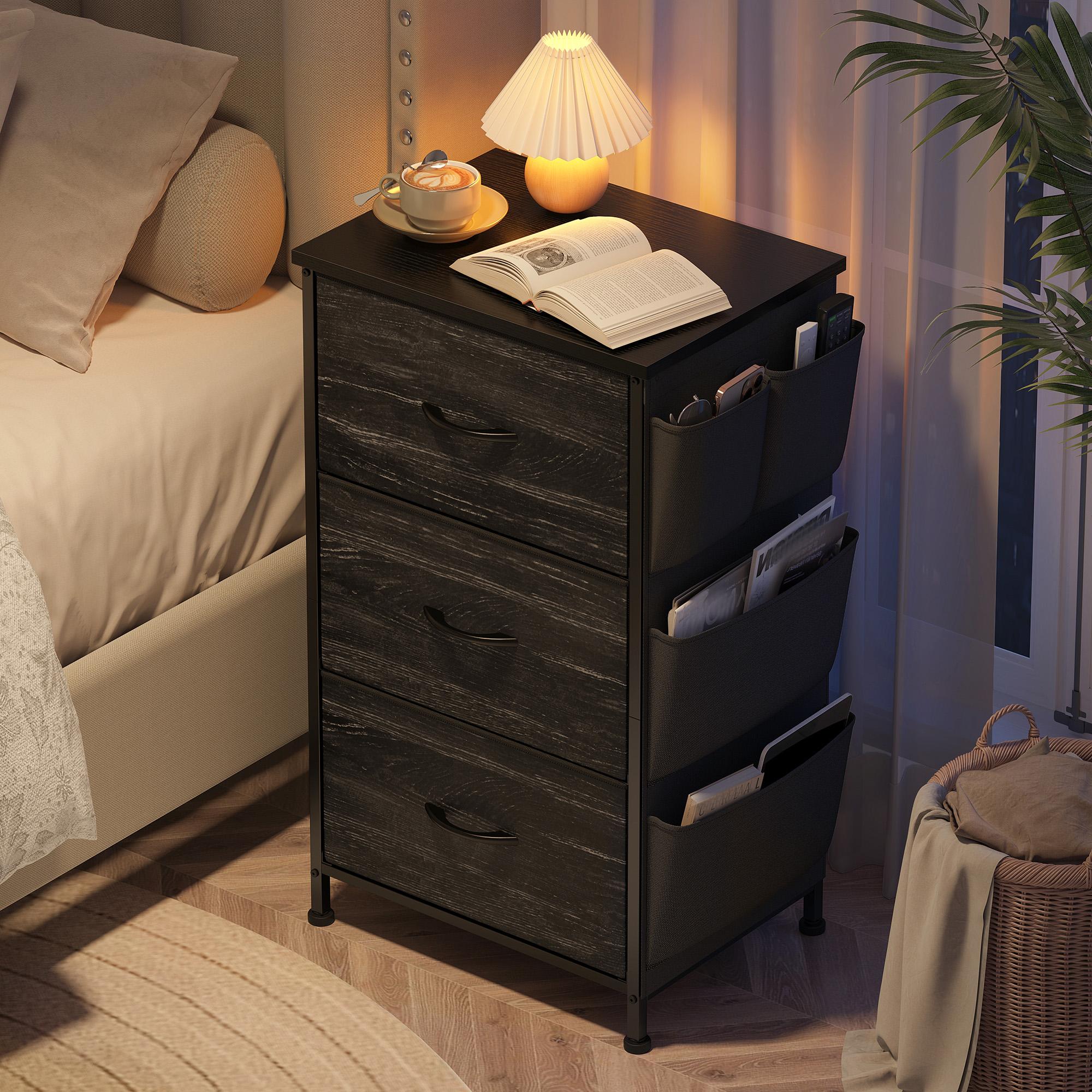 Homkdom Nightstand Sets of 1/2 With 3 Drawers,25.6 Inch Bedside Table with Side pocket & Wooden Top, Small Dresser for bedroom,Living Room,Entryway