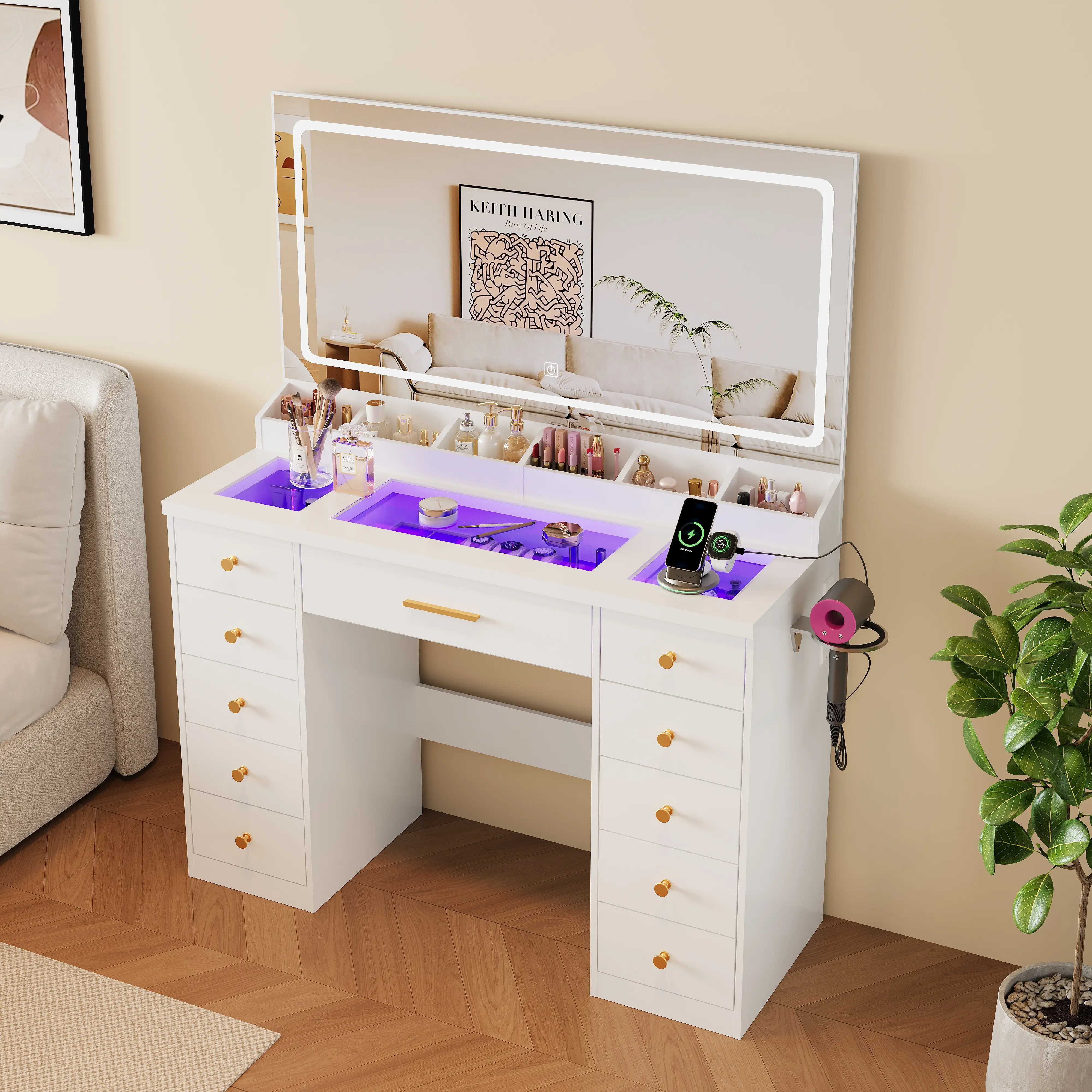 Girls' White Bedroom Makeup Vanity Dressing Table with Large Mirror - LED Illuminated Glass Top, Ambient Lighting, Customizable Lighting Modes, 11 Drawers, 6 Mirrored Storage Compartments, Power Outlet, Stable, Assembly Required