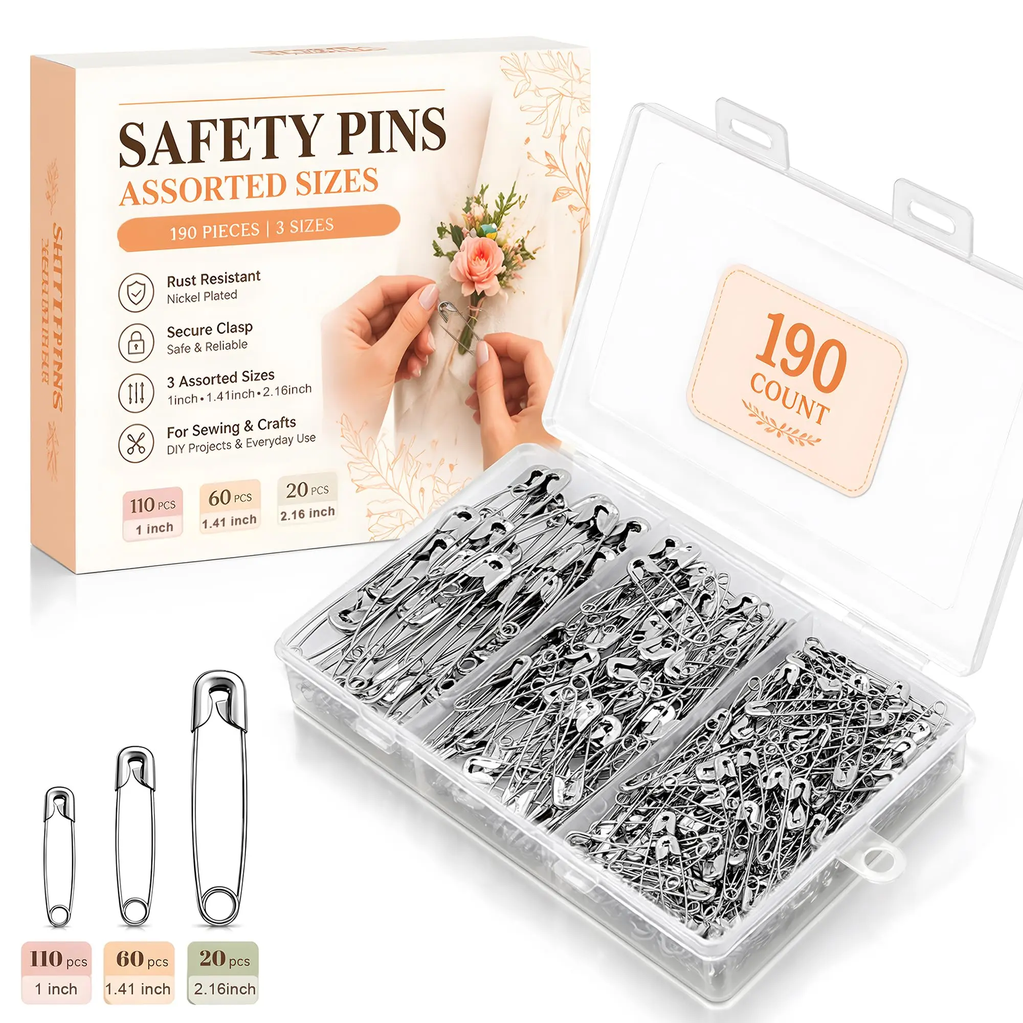 190 Pcs Safety Pins for Clothes – Assorted Sizes Heavy Duty Nickel Plated Safety Pins for Sewing, Crafting, Diapers – Large & Small Pins for Everyday Use