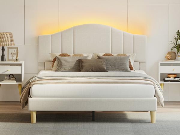 Pinmoco Upholstered Bed Frame with Adjustable Arc-shaped Headboard LED Platform Bed Modern Elegant Design Sturdy Noise Free Quick Assembly No Box Spring Needed