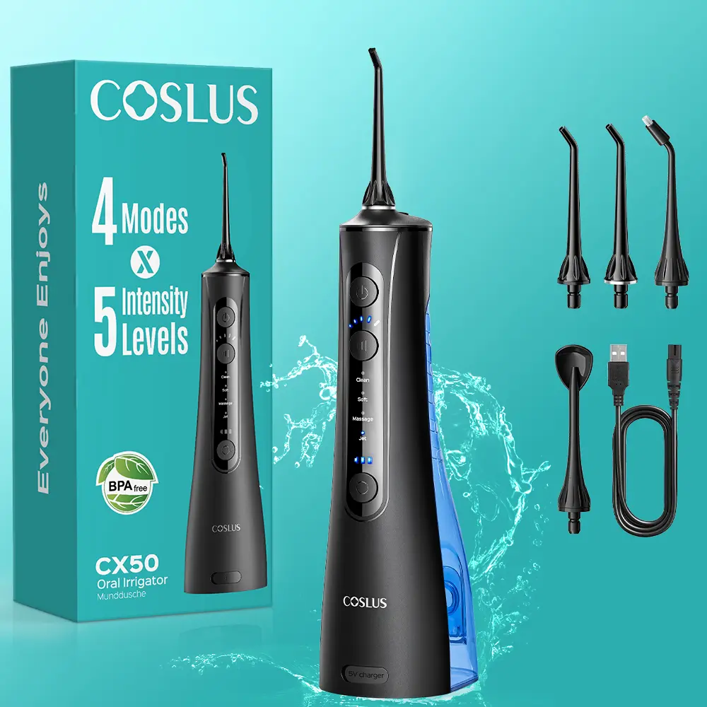 COSLUS CX50 Turbo Dual-Flow Portable Rechargeable Oral Irrigator, Cordless Travel-Size Teeth Cleaner with 20 Customizable Settings, 4 Nozzles for Braces, Waterproof Refill Tank, Water Teeth Flossers for Deep Gums Cleansing, Portable Oral Irrigator