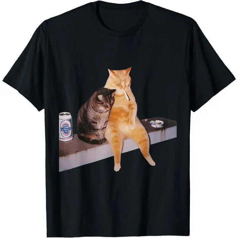 Cat Meme Cat Smoking Cigarette Casual Short Sleeve Cotton T-Shirt100% heavy cotton Hoodie graphic tees baggy  shirt