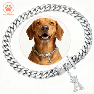 15MM Silver Stainless Steel Cuban Link Dog Collar, Solid Stainless Steel Heavy Duty Chain with Custom A–Z 5A Zircon Letter Pendant, Sizes 10–24 Inch, Chew-Proof Luxury Dog Necklace, Gift for Dog Lovers