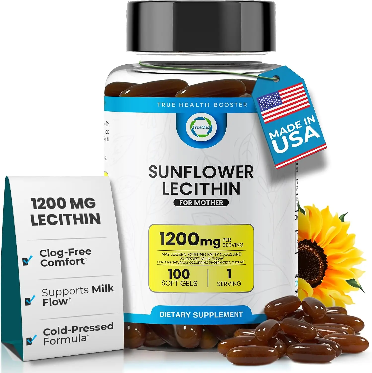 Organic Sunflower Lecithin 1200mg, Breastfeeding Support for Moms 100 Count | Sunflower Lecithin Breastfeeding, Support Healthy Milk Flow, Brain & Liver Health, Soy Free, Non-GMO, 100 Softgels, USA Made