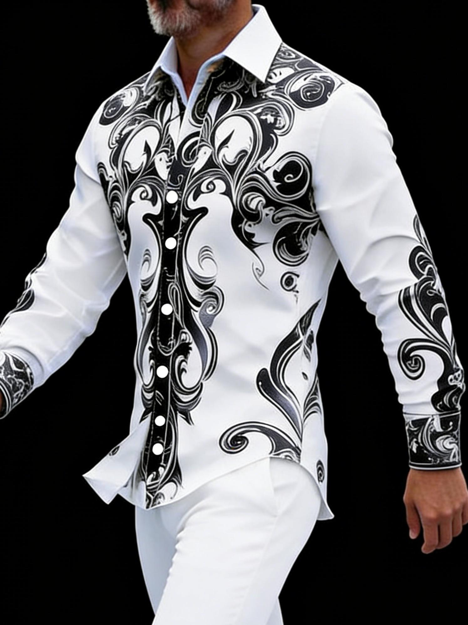 Men's High-End Printed Shirt Black & White Baroque Pattern Slim-Fit Daily Casual Shirt