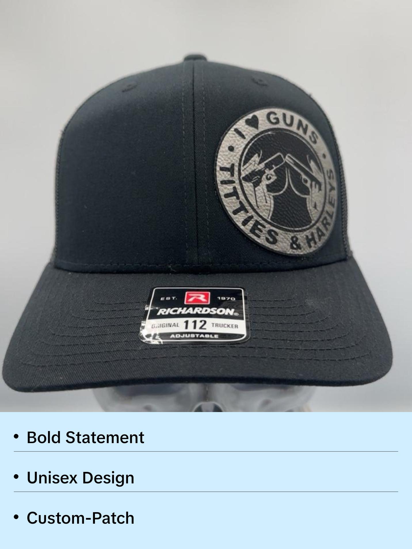 I Love Guns Titties & Harley’s  Custom Made Patch Hat - Multiple Colors Adjustable Snap-Back Style - Available in Multiple Colors & Designs - Classic 112 to Flat Bill Flex Fit Styles casual baseball cap