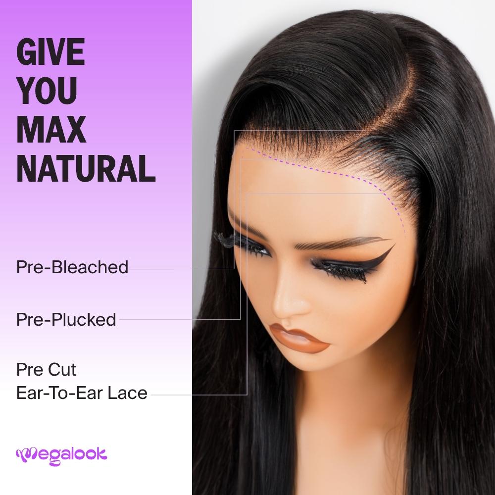 [HOT] Megalook 13x6 Glueless Lace Frontal Wig Pre-Everything Ear To Ear Natural Hairline HD Lace Skin Melted Silky Straight 220% Density Human Hair Wigs With Drawstring