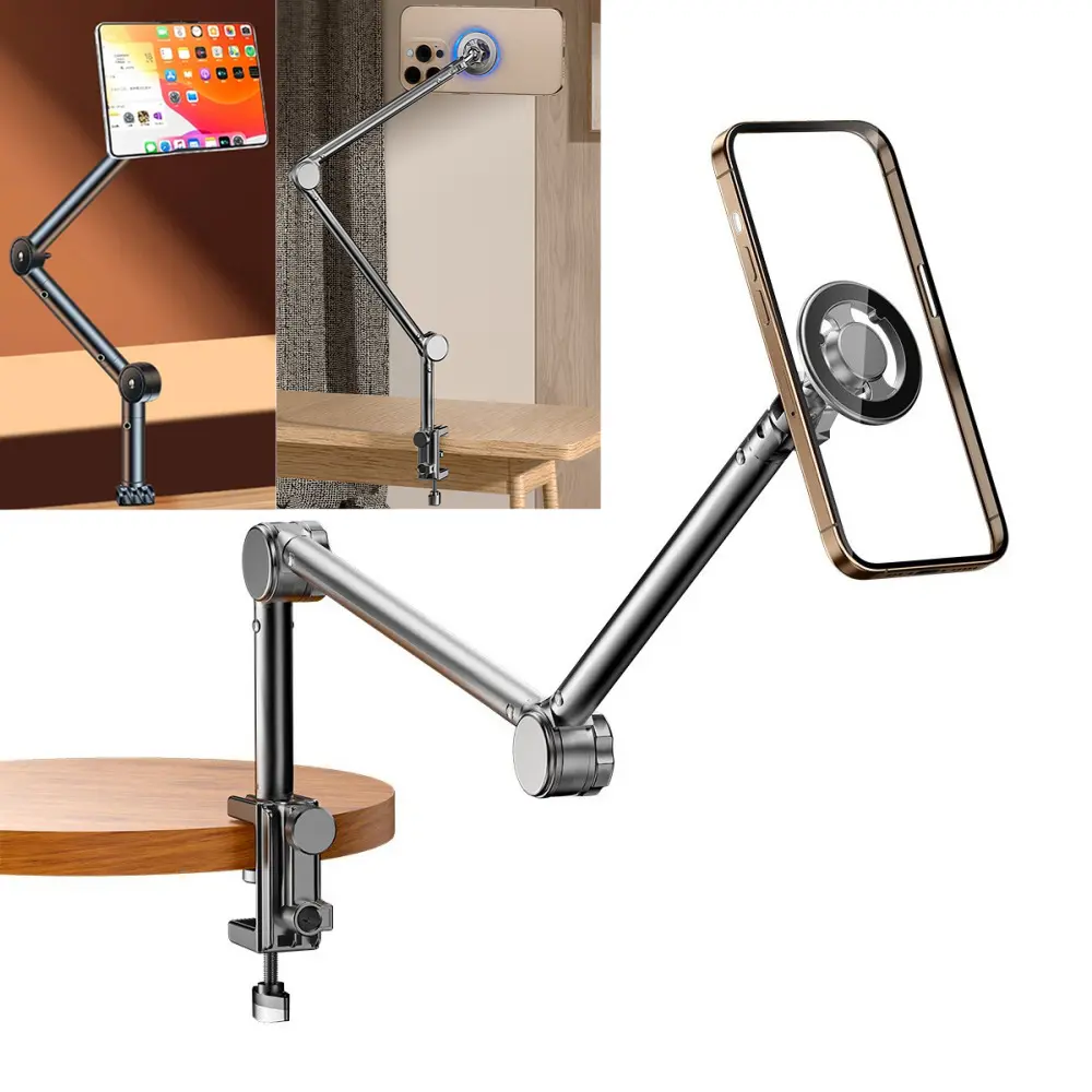 Magnetic Phone Holder & Tablet Stand - 3 lbs, Adjustable Height, Long Stretch Arm, 360° Adjustable Zinc Alloy Base, Upgraded Silicone Clip, Easy Installation, Phone Holders & Mounts, Table Mount for Desk, Bed, iPhone, Android, iPad, iPad Accessories
