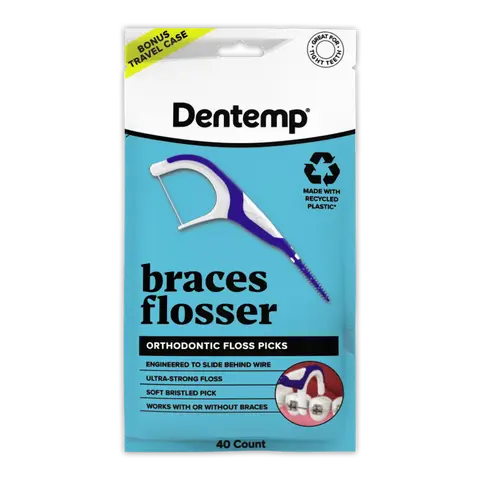 Dentemp Braces Flosser | Ultra-Strong Floss & Soft Bristle Pick | Easy & Effective Clean for Braces | 40 Count (Pack of 1) and Travel Case