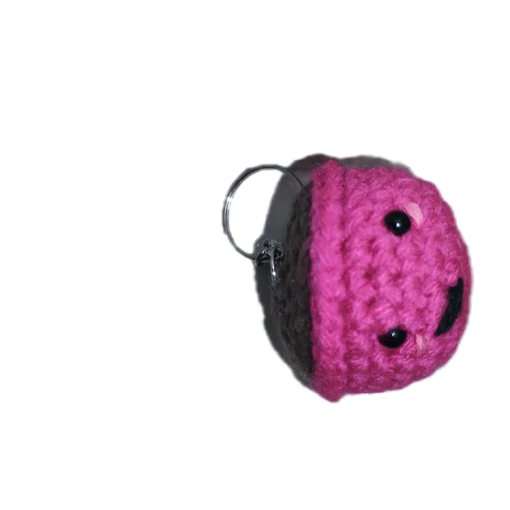 Pink Coffee Cup Keychain - Crochet Design with Black Accents and Ring Attachment