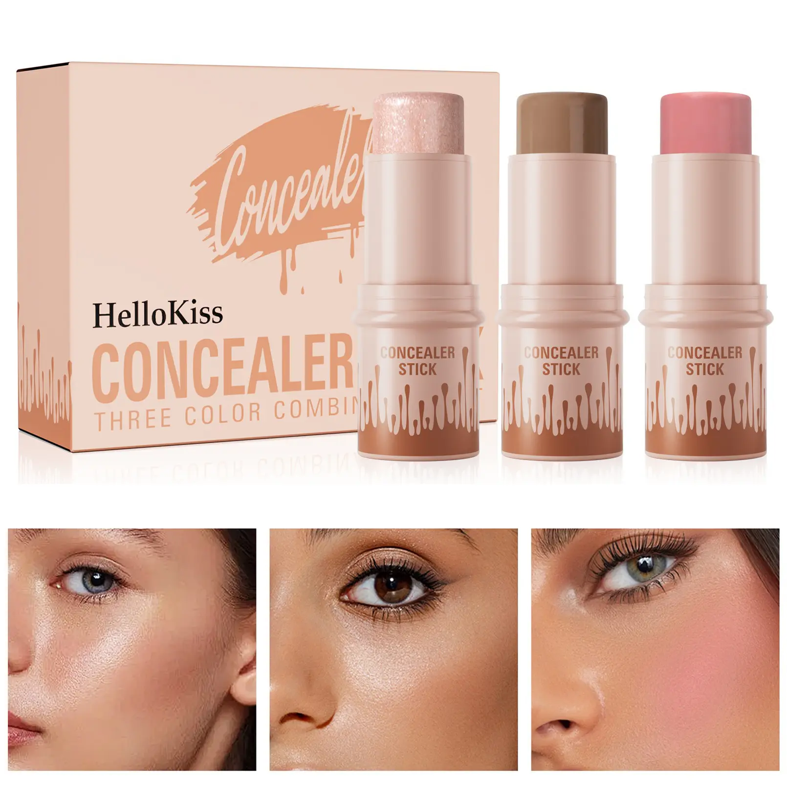 3-Pack Make Up Cosmetic Stick Set - Flawless Illuminator Highlighter, Contour & Blush Trio, Long-Lasting Waterproof Concealer Pen for Natural Face Sculpting & Radiant Glow. #backtoschool