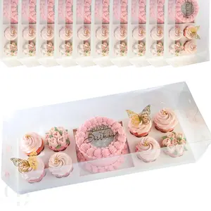 Chaney Depot LLC Bento Cake and Cupcake Box 8 Cupcakes, 1 6x6in slot for a 4-5in cake, Clear Long Box