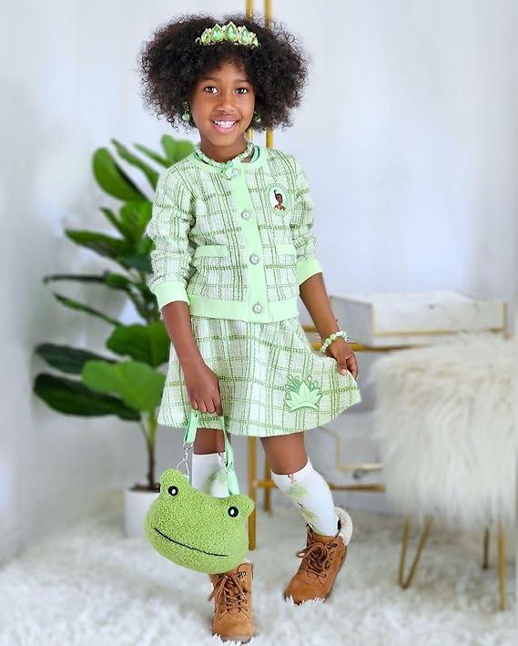 Disney Frozen Elsa Stitch Princess Moana Minnie Toddler Girl 2 Piece Outfit Pearl Button Knit Top & Tweed Skirt Set 2-6Y