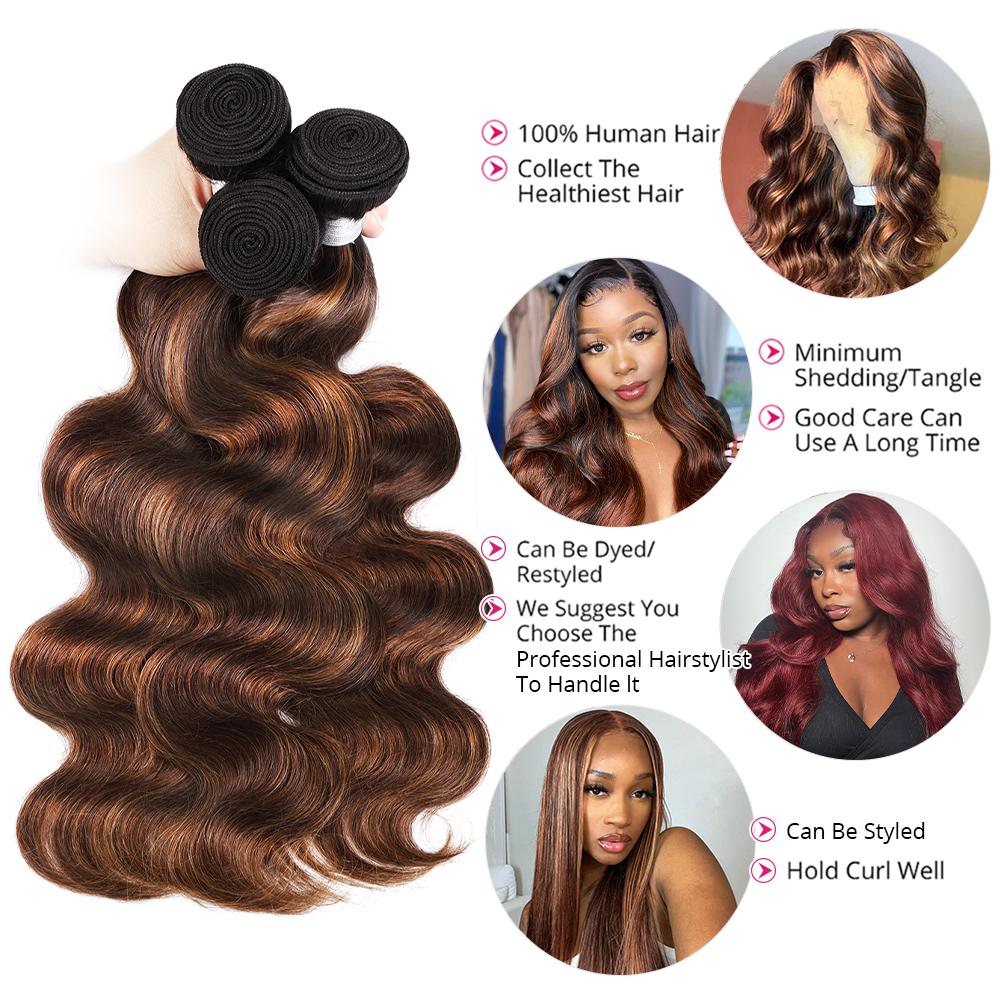 Ombre Human Hair Bundles P4/27 Brazilian Body Wave Bundles with 2x6 Closure Sew in #Fb 30 Ombre Brown Hair Bundles for Quick Weave Balayage Highlight Hair Extensions