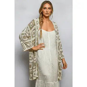 POL Clothing 3/4 Sleeve Long Open Granny Square Cardigan