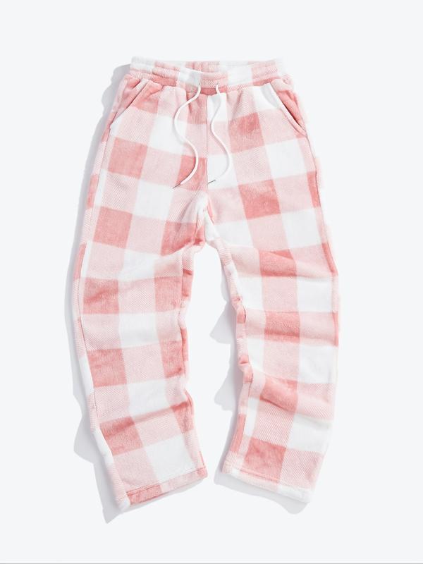 Unisex Plaid Fleece Print Drawstring Pants, Casual Daily Wear, Winter Warm Sleepwear, Christmas Gift, Long Pants
