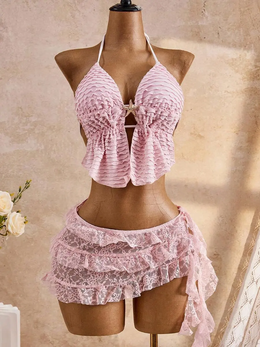Glamine Women's Spring/Summer Beach Dress, Fresh Sweet Playful Hollow Lace Multi-Layer Ruffle Cake Skirt Beach Sarong, Sweet & Cute, Sexy & Elegant, Suitable For Beach, Vacation, Daily Wear,Beach Vacation 2026 New Women's Swimwear ArrivalFor School,Suit