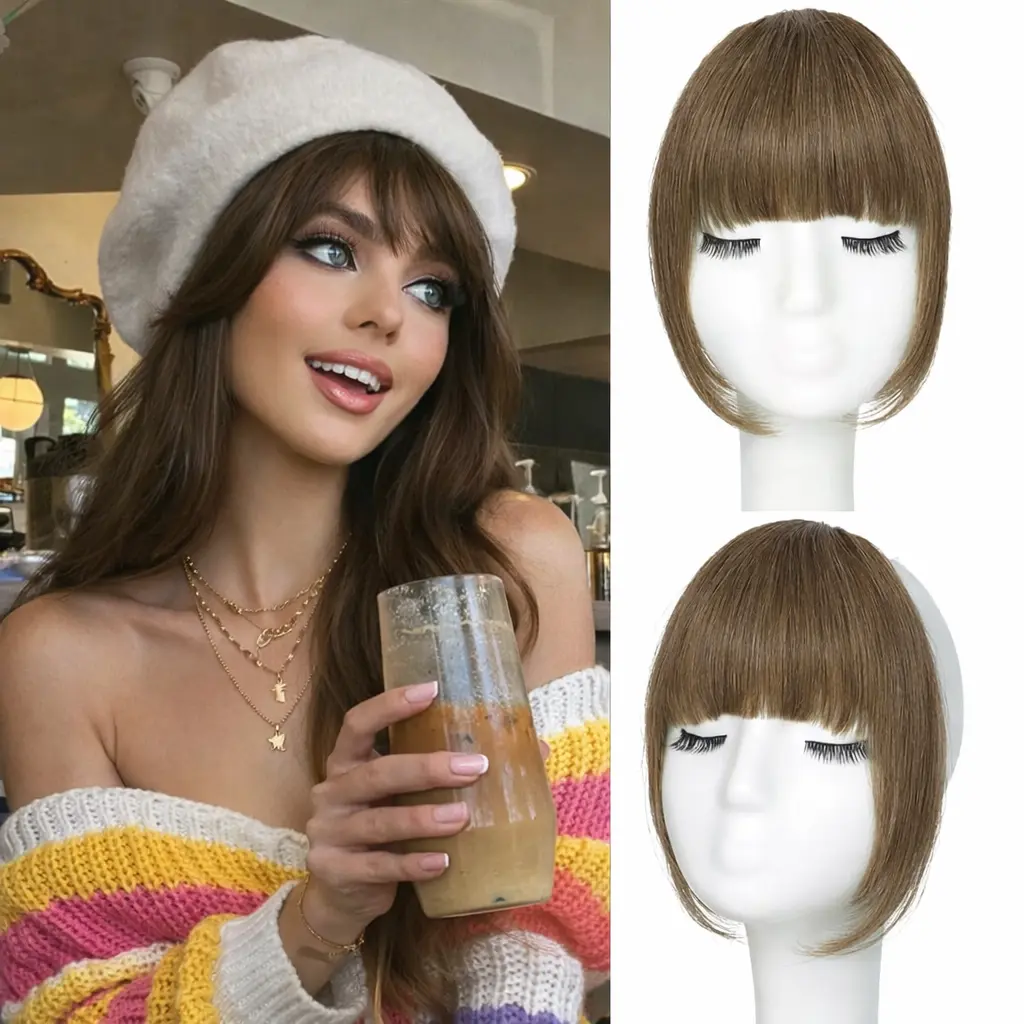 BEFUNNY 100% Real Human Hair Clip-in French Cut Bangs with Temples - Invisible Clip Face Framing Hairpiece, Heat Resistant Human Hair Extensions for Women's Daily Wear Hairline Topper