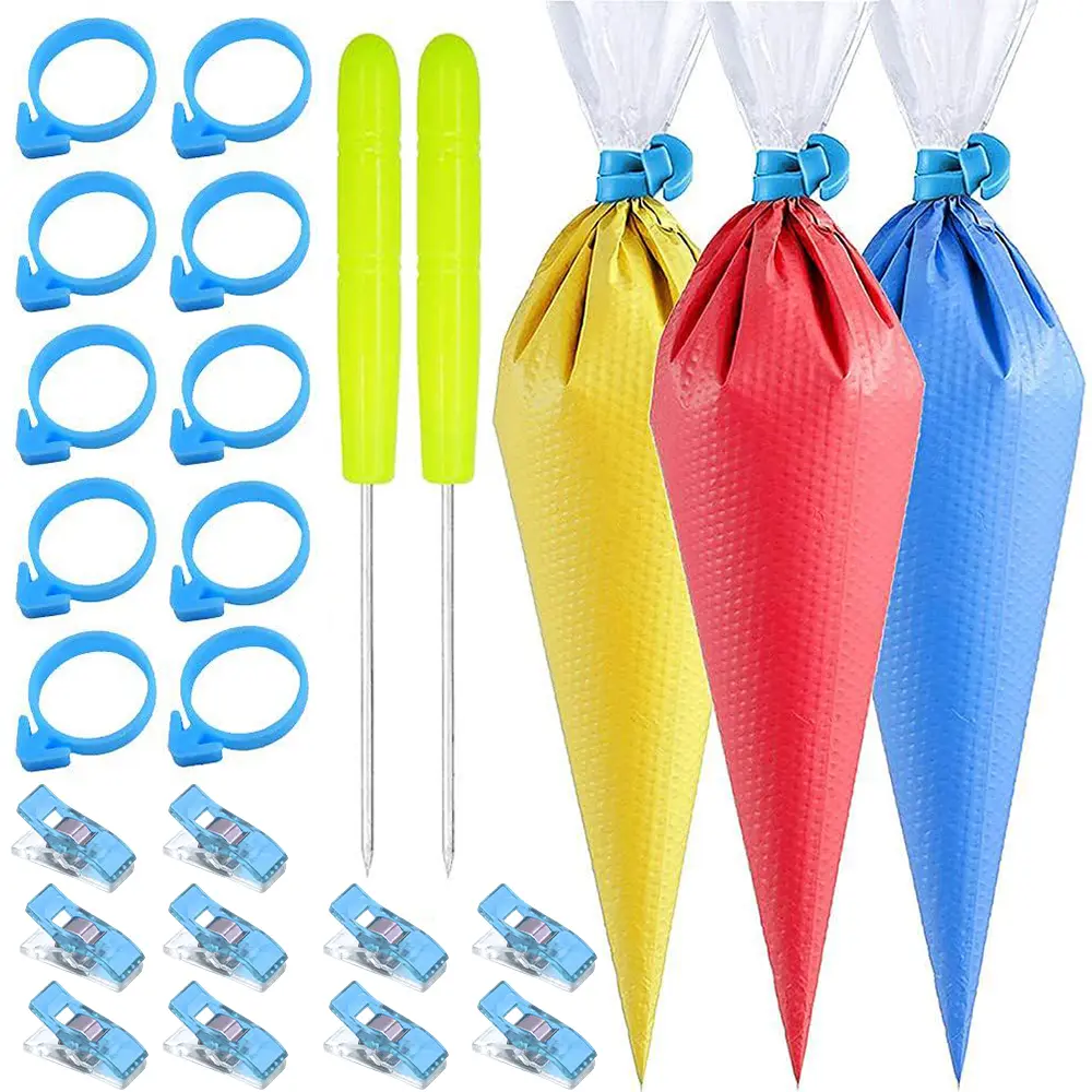 1 Set Tipless Piping Bags - 100pcs Disposable Piping Pastry Bag for Royal Icing/Cookies Decorating - 10 Pastry Bag Ties, 10 Clips & 2 Scriber Needle - Best Cookie/Cake Decorating Tools