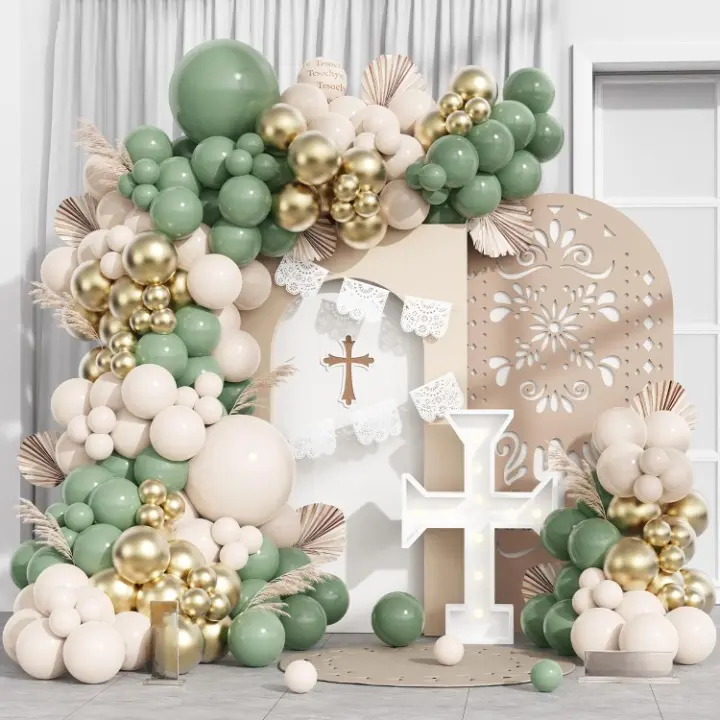 145-Piece Baptism Theme Balloon Kit Sage Green, White, Gold Arch for Christening & Communion