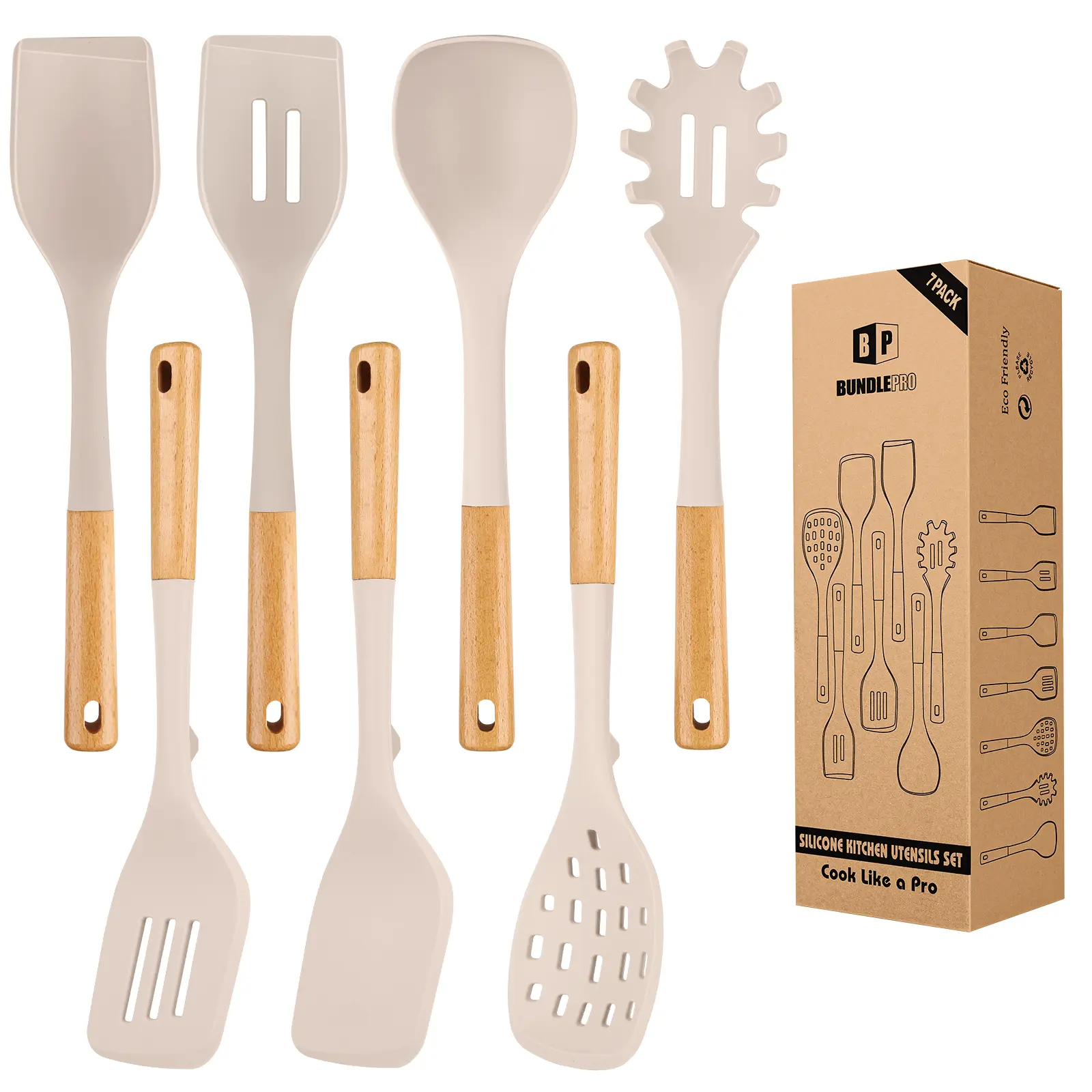 Silicone Kitchen Utensil Set for Non Stick Cookware 7 Pcs Heat Resistant Cooking Tools with Wooden Handle BPA Free Spatulas Spoons Skimmer Pasta Fork Ladle Khaki Pot Grey