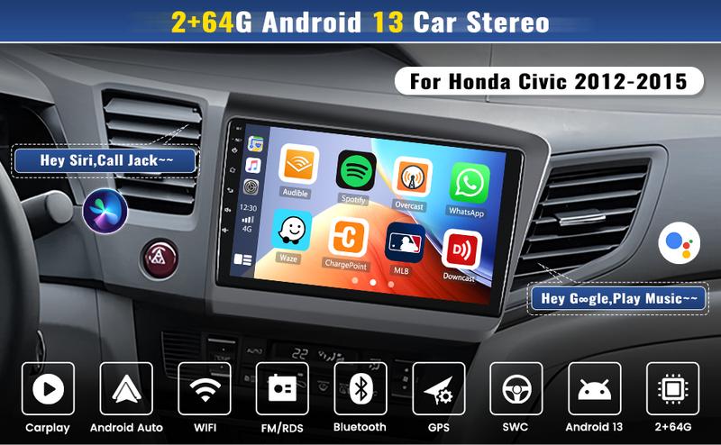 5G WiFi Car Stereo for Honda Civic 2012 2013 2014 2015 [2+64G] with Wireless Carplay & Android Auto, 9 Inch Touch Screen Car Radio Bluetooth GPS Navigation DSP FM SWC for Honda Civic Radio