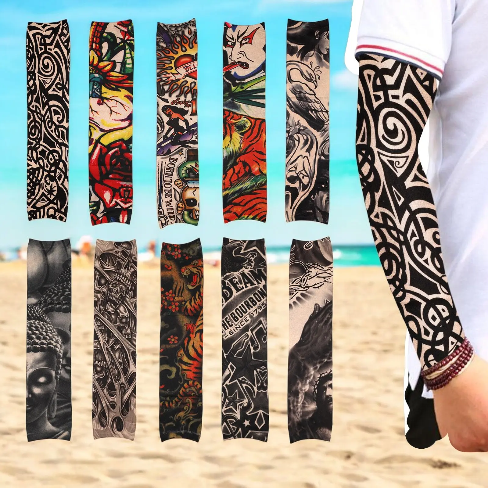 10 Pack Fake Tattoo Arm Sleeves for Men Women, Breathable Nylon Cooling Arm Cover Up with UPF 50+ UV Sun Protection for Outdoor Sports & Parties, Unisex Names