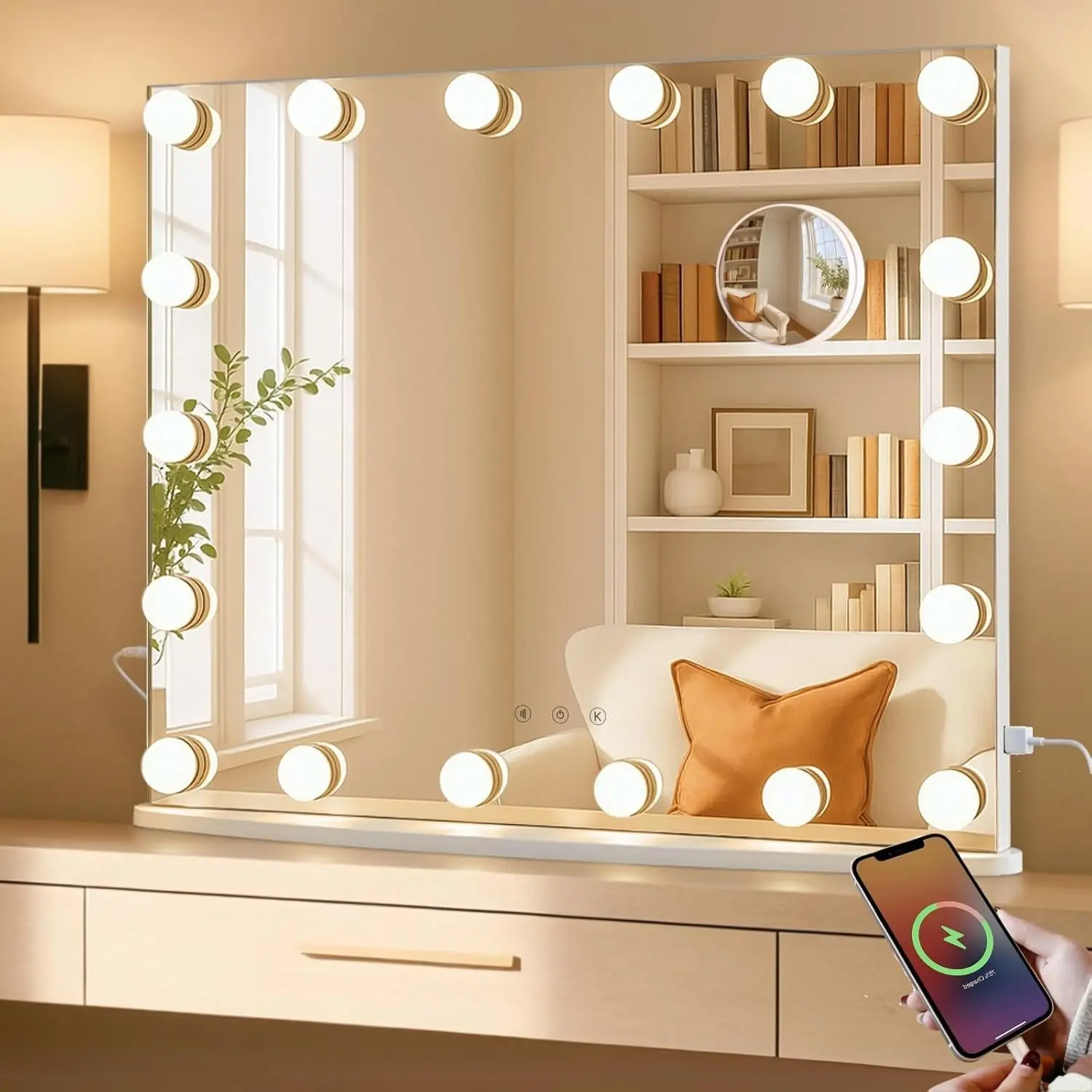 Hoodink Hollywood Vanity Mirror with Lights 15 Dimmable Bulbs 3 Color Lights Make Up Lighted Mirror Aluminum Metal Frame USB Charging Port 23 x 18 inch,dorm essentials,home decor