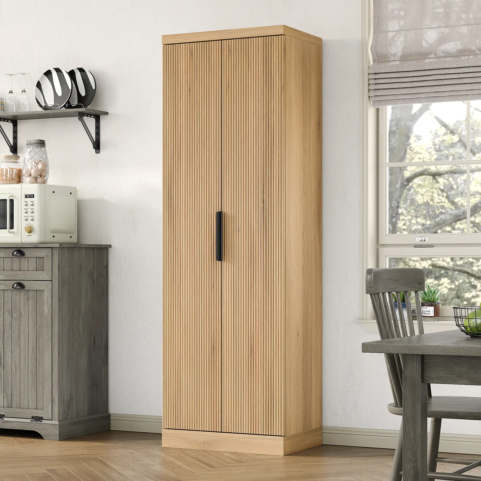 FUSOU 71'' Tall Storage Cabinet with 2 Doors, Kitchen Pantry Cabinet with Adjustable Shelves, 5-Tier Fluted Cabinet for Living Room Kitchen Dinning Room,dorm essentials,home decor
