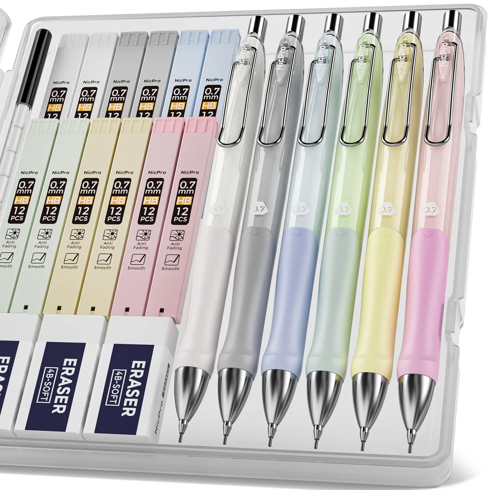 Nicpro 6-Pack Pastel Mechanical Pencil Set (0.7 mm) – Cute Aesthetic Grip Pencils, Colorful Assorted Set with Comfort Grip, 12 Tubes HB Lead Refills, 3 Erasers, 9 Eraser Refills & Storage Case, Cute Aesthetic Pencils