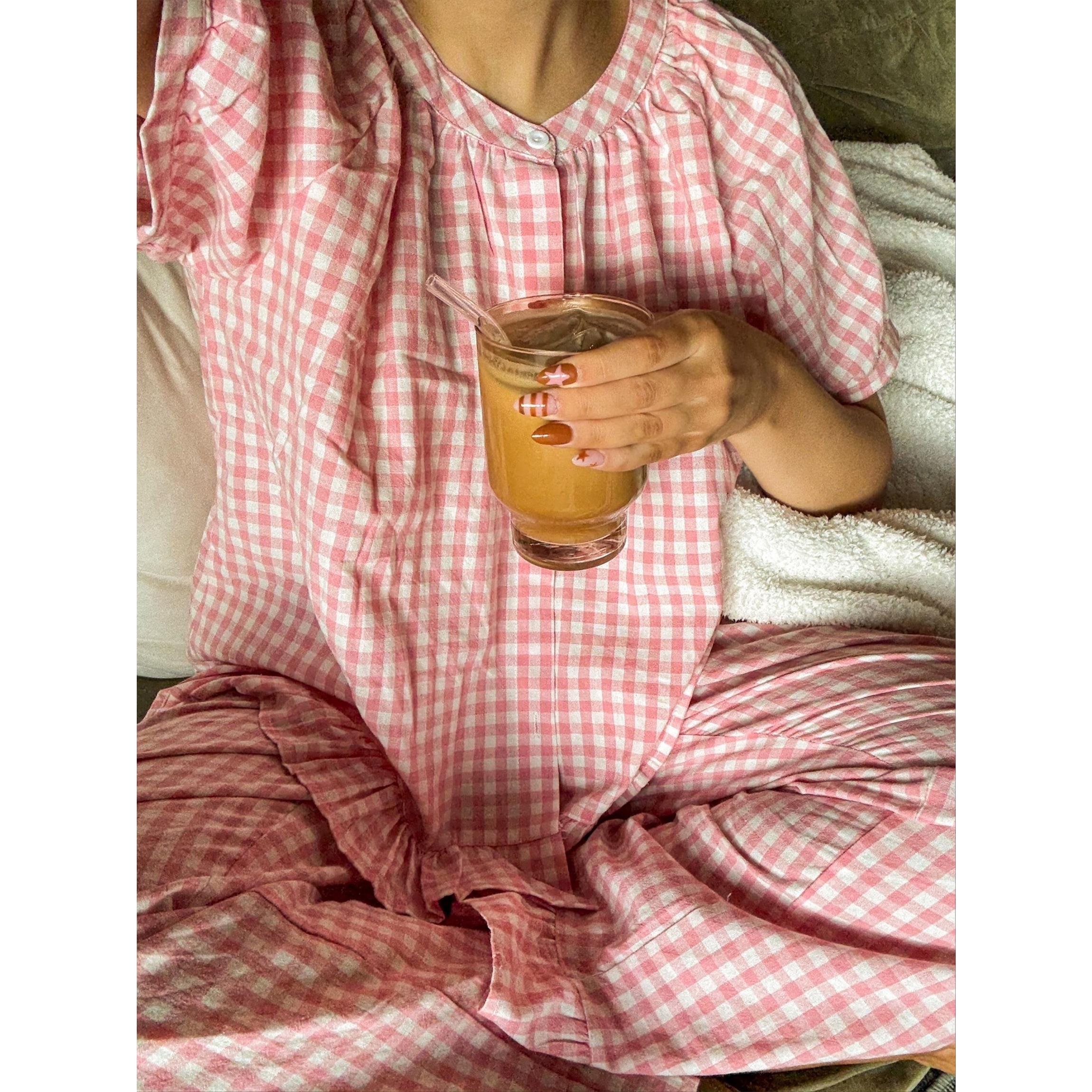 Buenoble Womens Plaid 2 Piece Pajamas Sets Gingham Button Down Puff Sleeve Babydoll Shirt Ruffle Pants Y2K Pjs Lounge Set SpringStatements