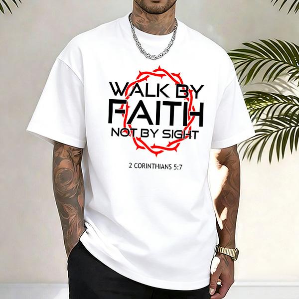 Walk By Faith Not By Sight Christian Graphic Tee Unisex Black White Thorn Crown 2 Corinthians 5:7 Faithwear Street Style Religious T-Shirt Believer Gift up to 3XL