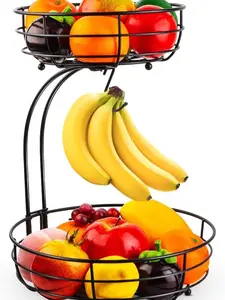 Iron 2-Tier Countertop Fruit Vegetables Basket Bowl Storage With Banana Hanger, Black, 64 ounces