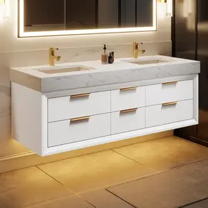 Glam 60" Modern White Vanity 60 with Rubberwood Bathroom Cabinet, Dual Sinks, Lights, and Stone Slab Countertop