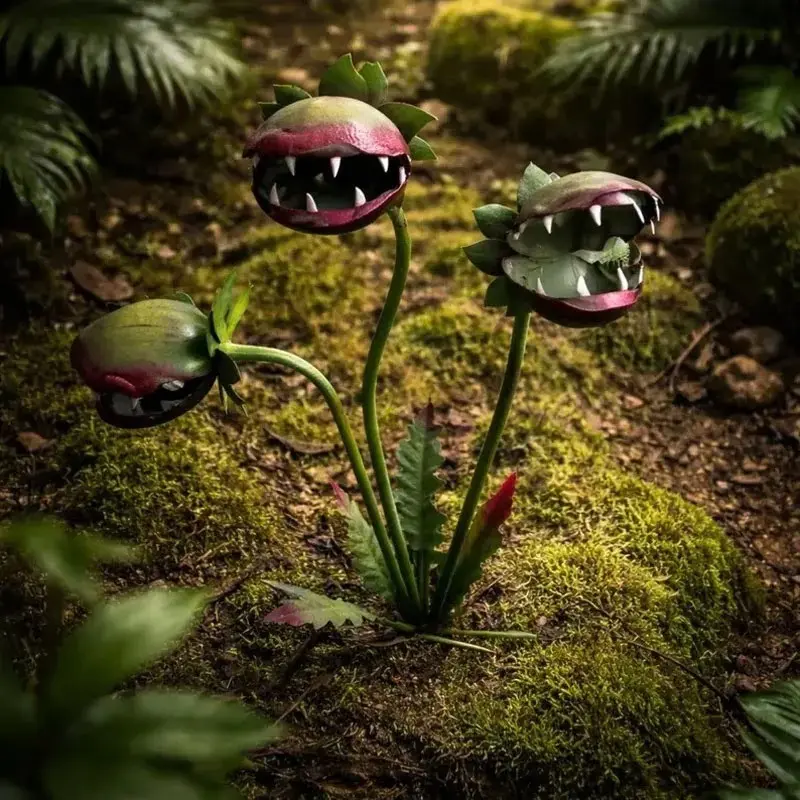 1pcs Fun Carnivorous Garden Plaque, 3D Horror Painted Metal Three-Head Outdoor Flower Sculpture Statues Sign, Garden Vegetable Climbing Rack, Planter, Lawn Decor, Garden Accessories