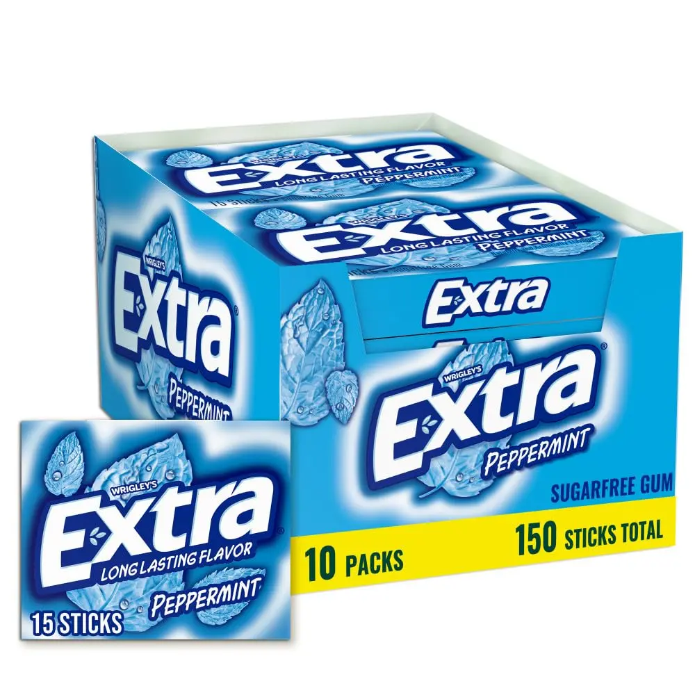 Extra Gum Peppermint Flavor Sugar-Free Chewing Gum Bulk Pack - 10 Packs of 15-Count Individually Wrapped Snacks with Mannitol, Sorbitol, Long-Lasting Fresh Breath for Work, Travel, Low Sugar Option, 15 Sticks