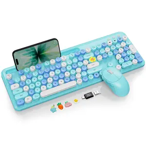 SABLUTE CK13 Wireless Keyboard and Mouse Combo Retro Round Keycap Typewriter with Phone/Tablet Holder 2.4 GHz Stable Connection Cute Colorful Computer Peripherals(Not Bluetooth)