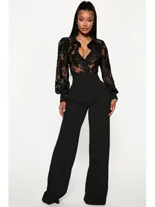 Touch Of Lace Jumpsuit - Black Velvet Detail Crepe Pant Wide Leg Long Sleeve Button Front Lace 100% Polyester Body 95% Polyester 5% Spandex