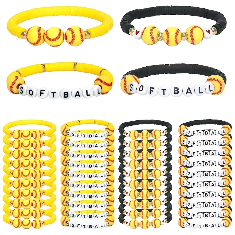 Softball Bracelets, 40 Pack Stackable Yellow & Black Beaded Wristbands for Women & Teens, Adjustable Team Party Favors, Wristband Bracelet, Bracelets Stacking