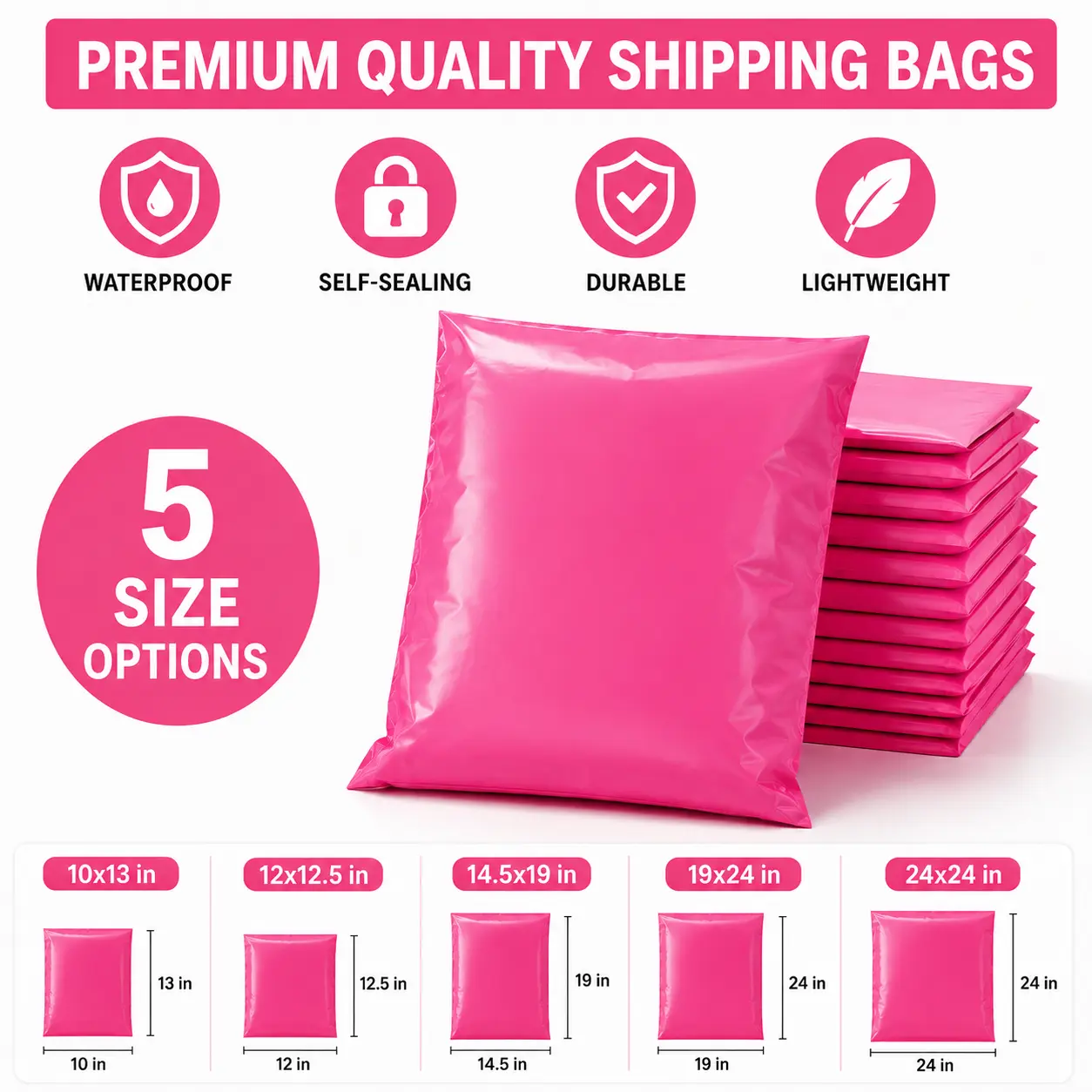 Pink Poly Mailers - Self-Seal Waterproof Poly Mailing Envelopes, Tear-Resistant Plastic Bags for Small Business Office Postal Supplies